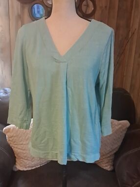 Pure Jill Women's 100 % Cotton V Neck Pleat Front Top - Seafoam Green Casual